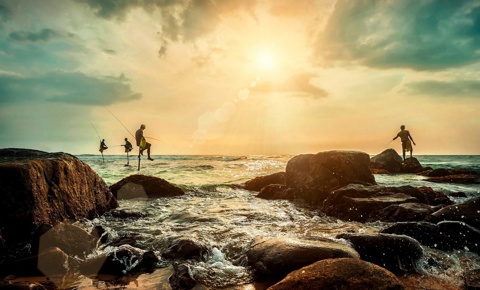 Traditional,Sri,Lankian,Sea,Fishermans,At,Work,Under,Sunset,Sunlight.